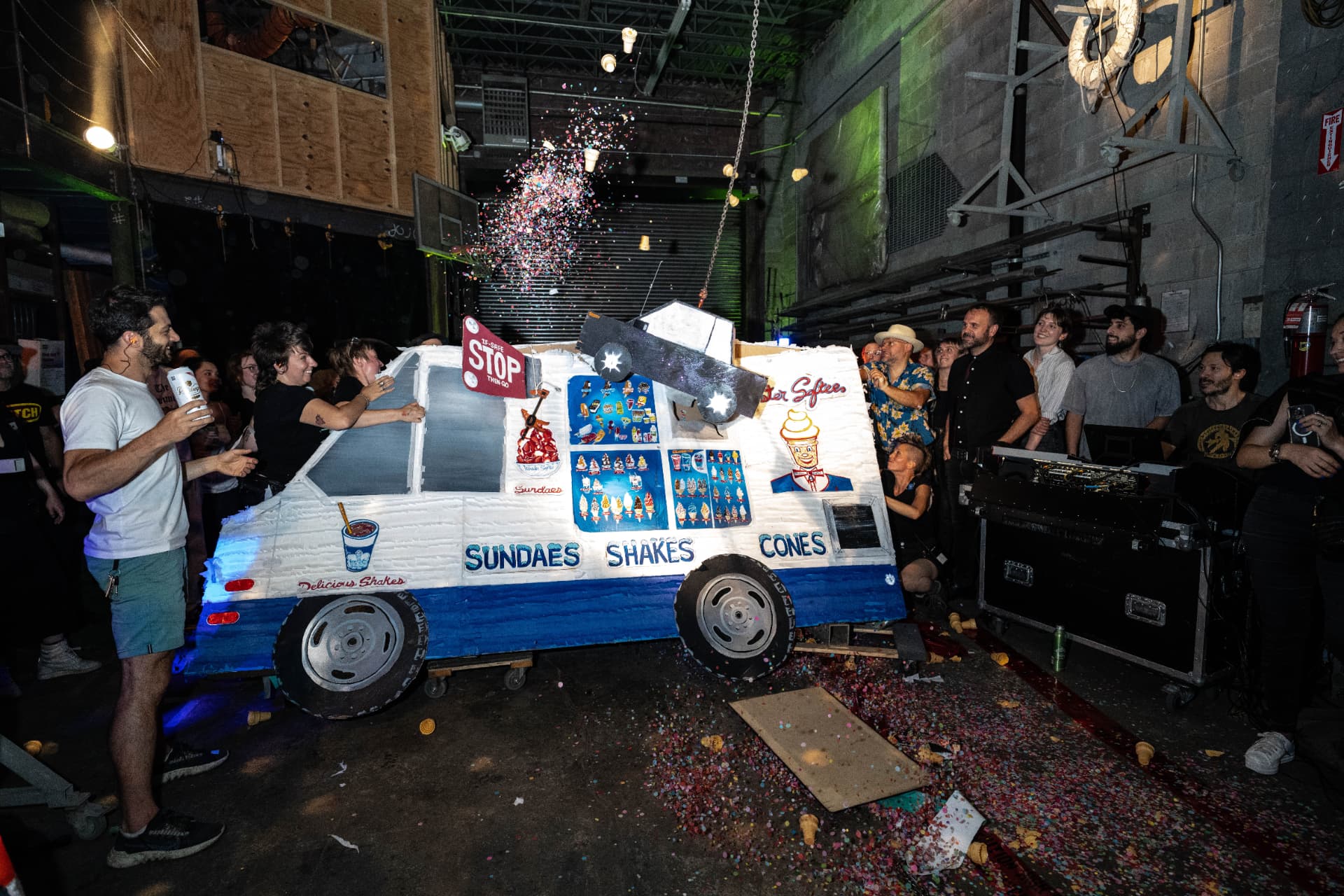 The papier-mâché ice cream truck, mid-explosion